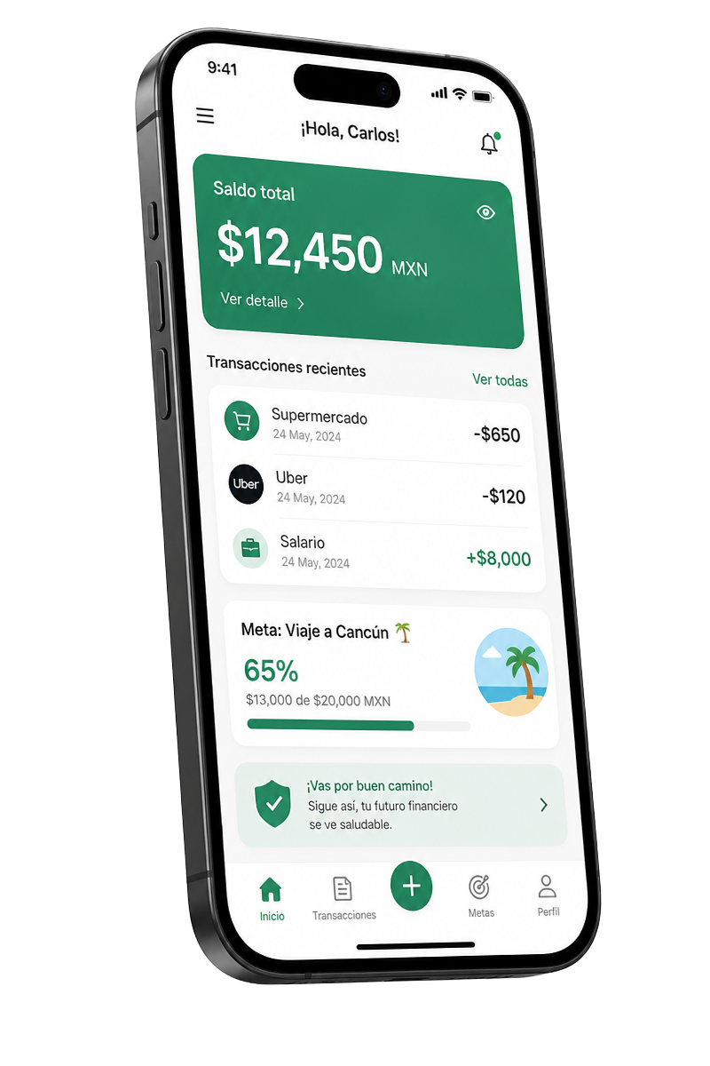 App SaludFinanciera mostrando saldo, transacciones y metas de ahorro